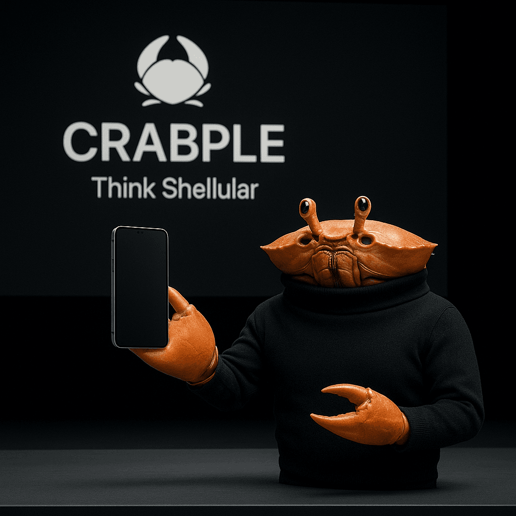 Crab in black turtleneck presenting